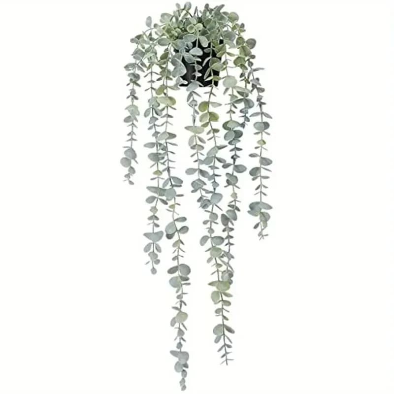 New Design 9-Branch Grey-Green Artificial Eucalyptus Hanging Plant with Pot for Wall Room Indoor Outdoor Shelf Decoration