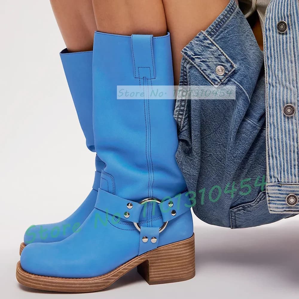Harness Western stivali alti al ginocchio con tacco grosso in legno scarpe da equitazione con punta quadrata da donna Outfit Lady Trendy Party stivali con fibbia solida
