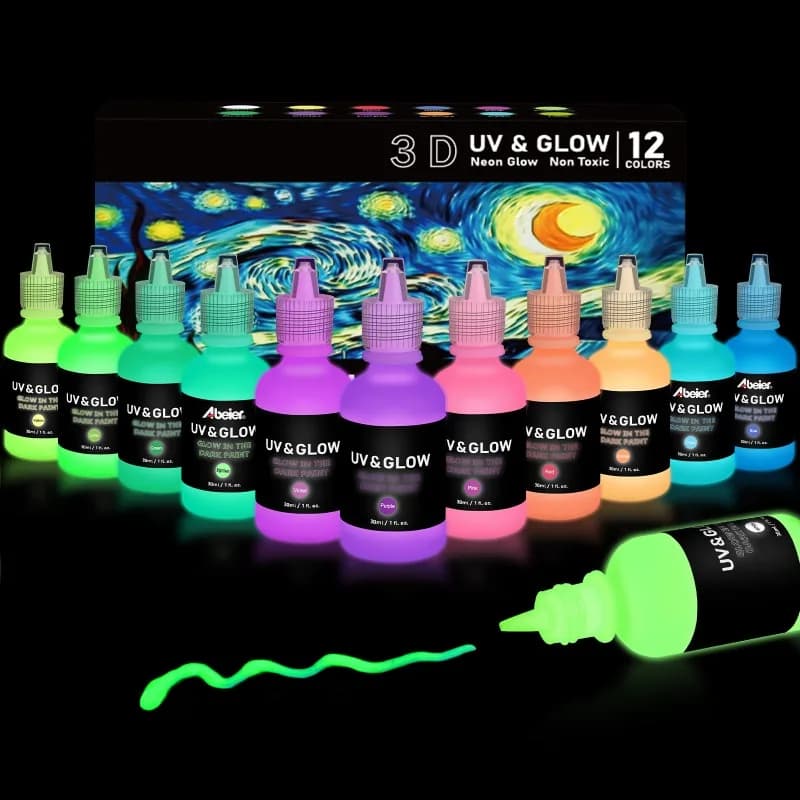 Glow in Dark Acrylic Paint, 12 Colors 30ml 3D Fluorescent Tubes, Waterproof Sunproof, Non-Toxic Art Supplies for DIY Craft