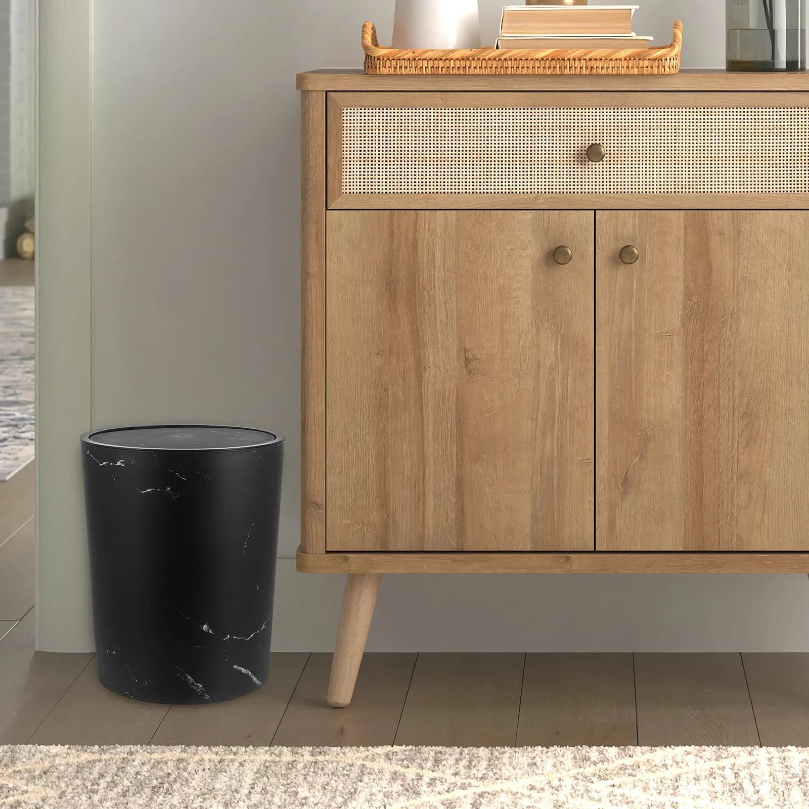 Large Capacity Marble Pattern Trash Can Swing Lid Plastic Wastebin for Kitchen Living Room Office Bathroom Odor Control