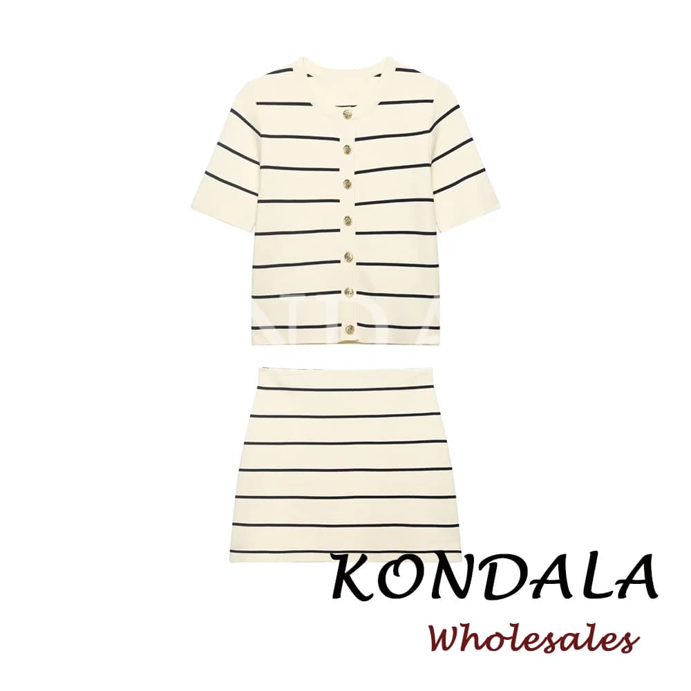KONDALA Chic 2026 Completo Primaverile Moderno a Righe per Donna, Maglione Monopetto + Minigonna a Tubino con Vita Elasticizzata, Completo Casual Femminile