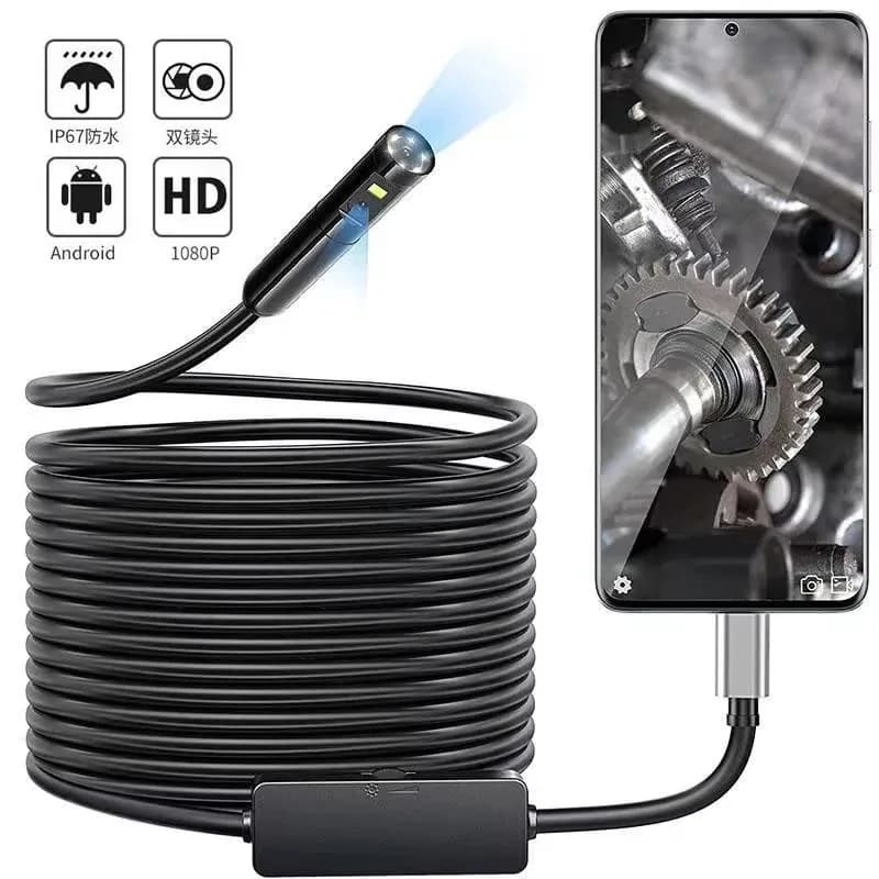 Double HD endoscope camera with 5.5 mm and 8 mm lens and IP67 waterproof, suitable for Android phones, with soft and rigid cable