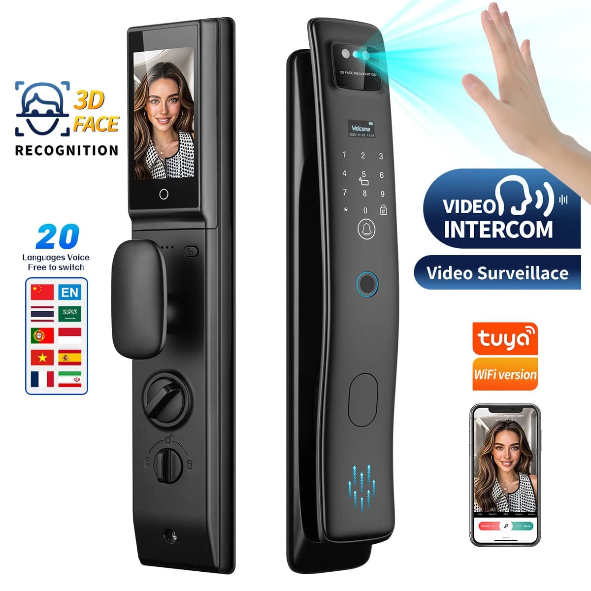 Monitoraggio delle chiamate video Citofono App Tuya Wifi Serrature intelligenti Palm Vein Face Blocco di supporto multilingue per porta