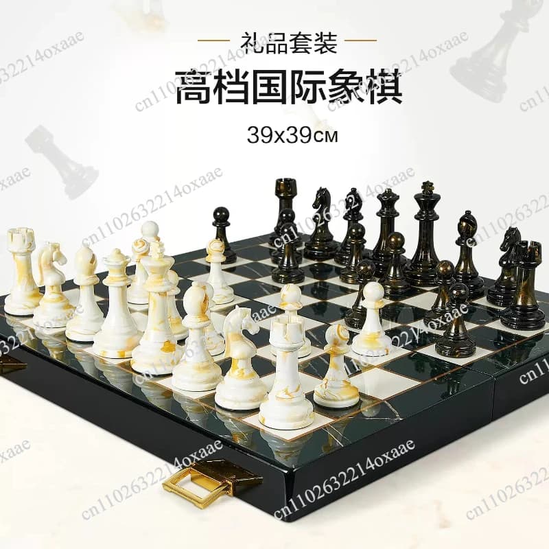 Hand Carved Chess Set Wooden Pieces & Marble Board Weighted Base for Gift