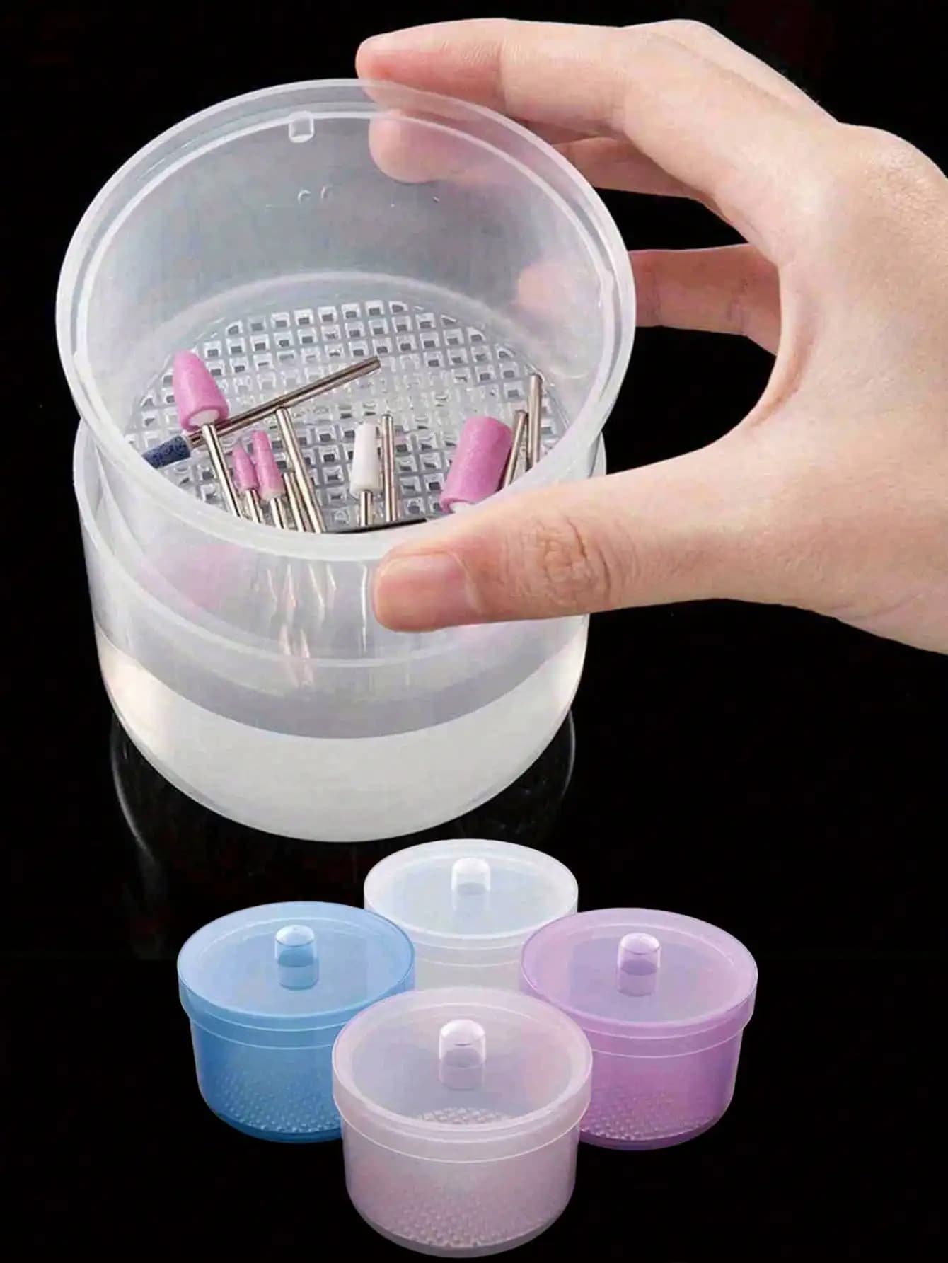Scatola di disinfezione per punte per fresa unghie con filtro, contenitore di pulizia a doppio strato per testine per lucidatura unghie. Scatola portaoggetti per nail art e contenitore per la pulizia dei pennelli per unghie.