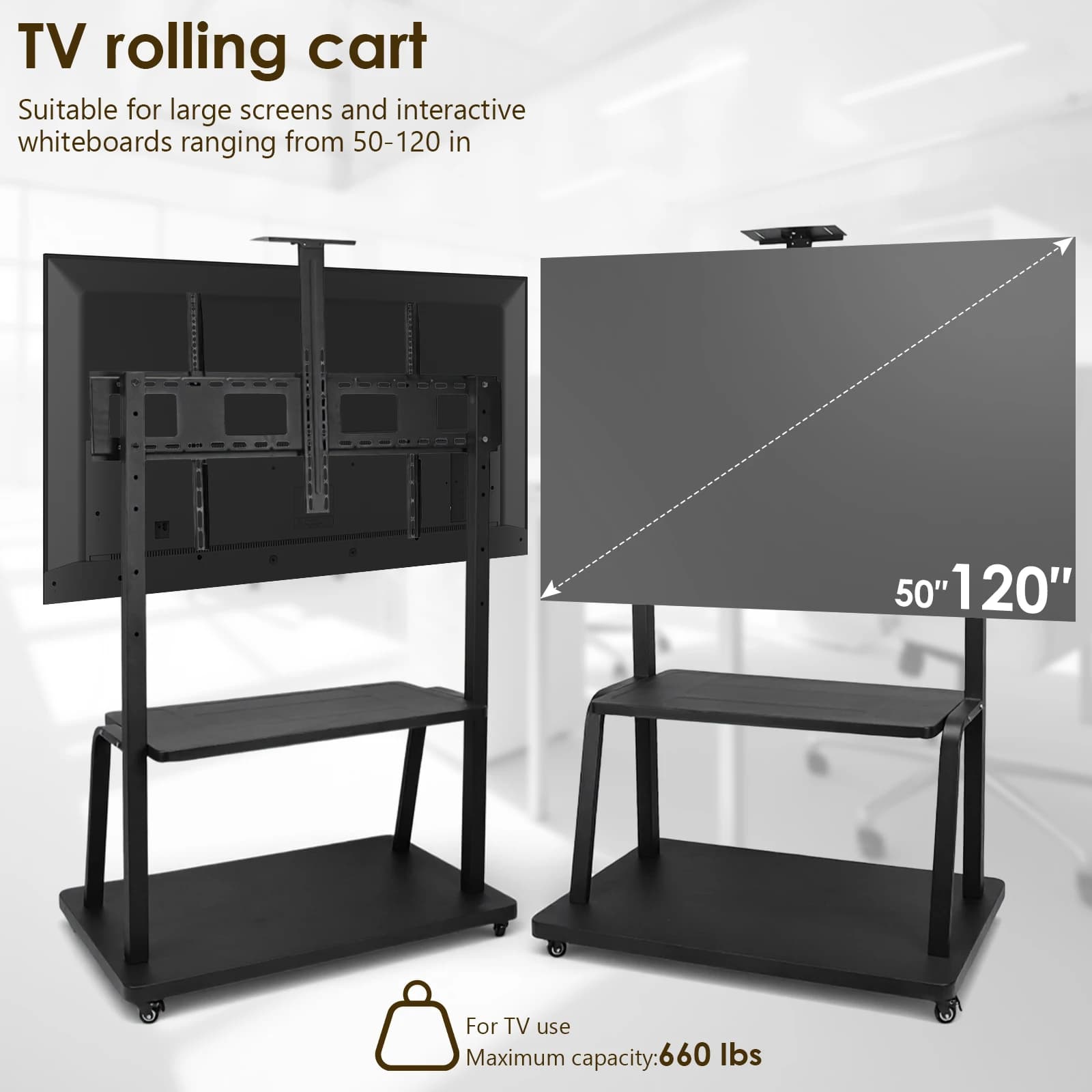 Carrello TV con ruote e ripiano per laptop per schermi da 50 a 200 pollici, carrello TV resistente, carico massimo fino a 660 libbre, altezza regolabile