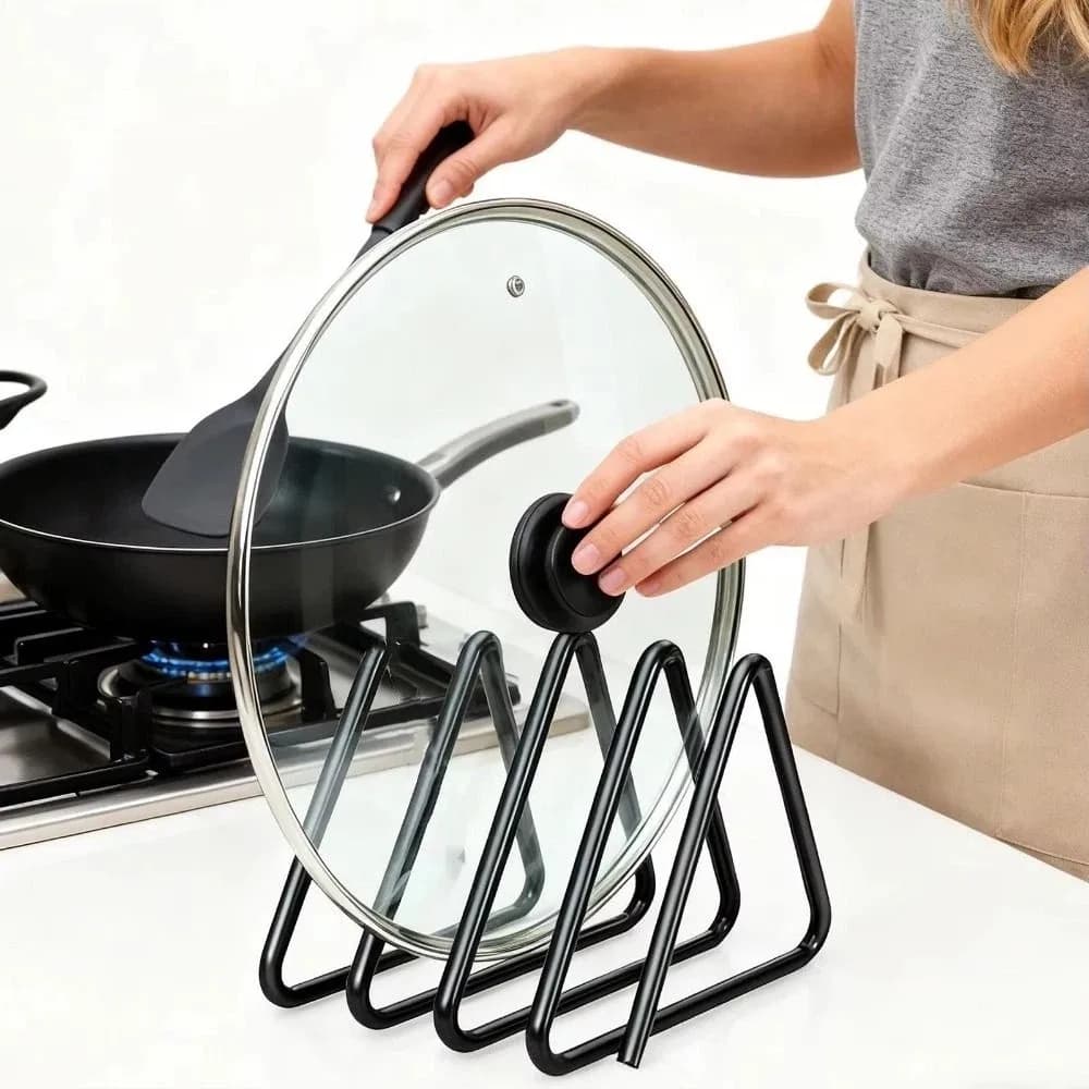 Iron Cutting Board Storage Rack Triangular 4-Slot Cutting Board Holder Space Saving Rust-proof Pot Lid Storage Rack
