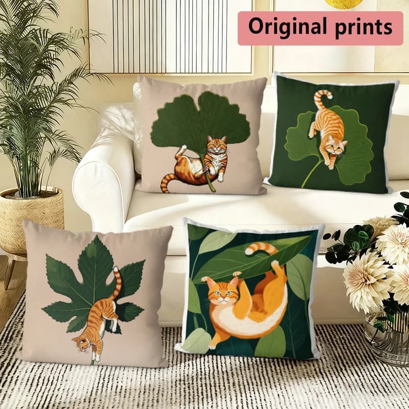Cute Ginger Cat & Leaf Print Throw Pillow Covers Pattern Cushion Cover Suitable For Sofa Bedroom Car Pillow Cover
