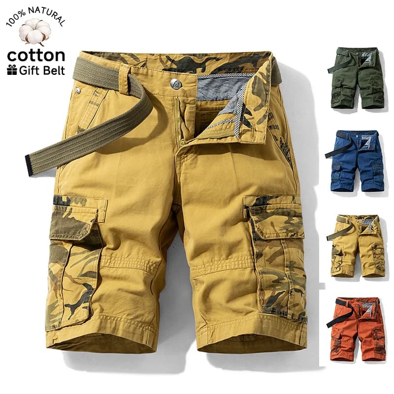 Pantaloncini Cargo Estivi da Uomo, Larghi e Dritti, al Ginocchio, Multitasche, in Twill di Cotone 100% Kaki Mimetico, con Cintura in Omaggio