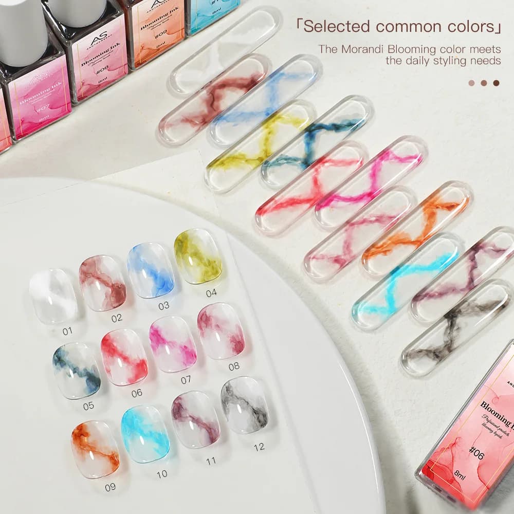 12 Colori Smalto Gel Effetto Marmo Acquerello 8ml per Unghie, Design Floreale, Effetto Sfumato, Soak Off, Manicure, Vernice Ibrida
