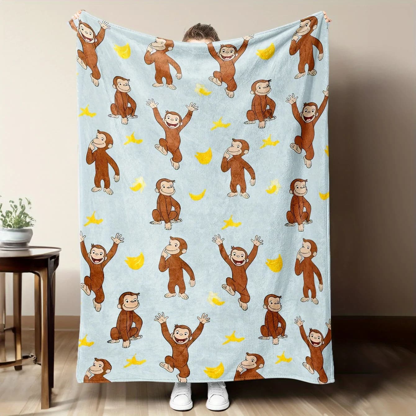 Coperta da tiro in flanella con stampa Curious George Monkey & Banana - Morbida e accogliente e calda | Perfetto per divano/letto/ufficio