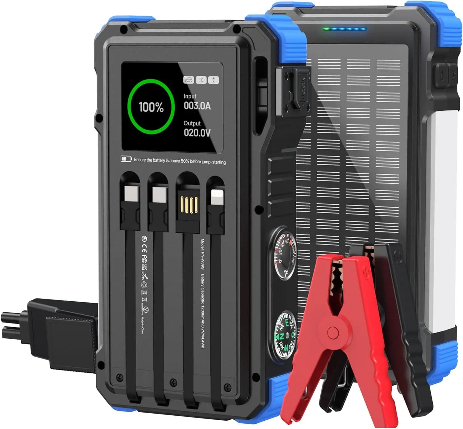 Avviatore di emergenza per batteria per auto 5000 A, 12 V portatile per gas 10 litri e 6 litri diesel, con cavo e torcia elettrica, blu
