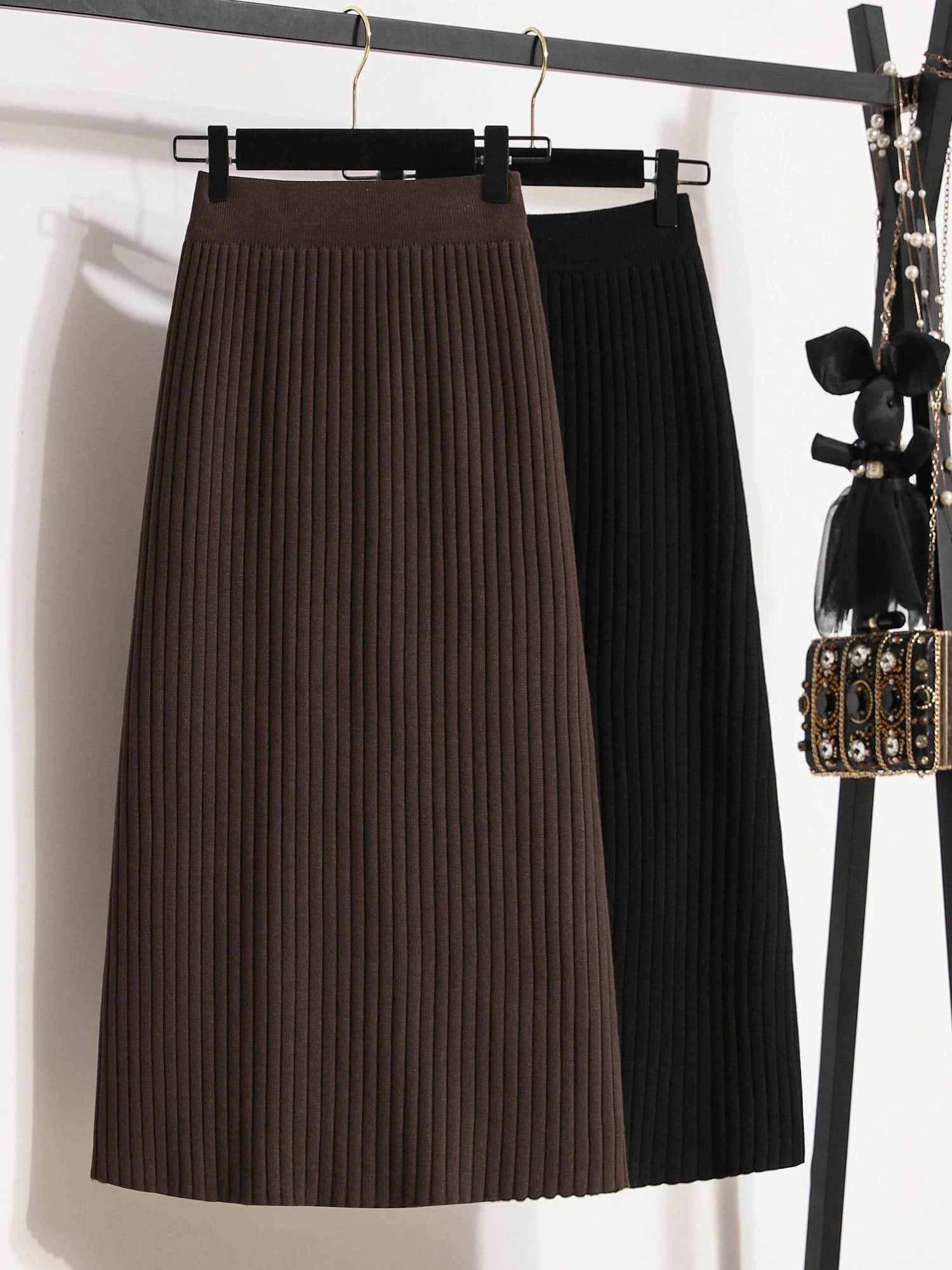 Gonna midi a vita alta in maglia a trapezio, classica a quadri, lunga e snellente, da donna, per autunno inverno, taglie forti