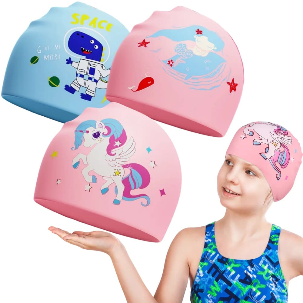 Children's swim cap Nice elastic silicone cartoon for boys and girls Swimming equipment Waterproof swim cap for long hair ear protection