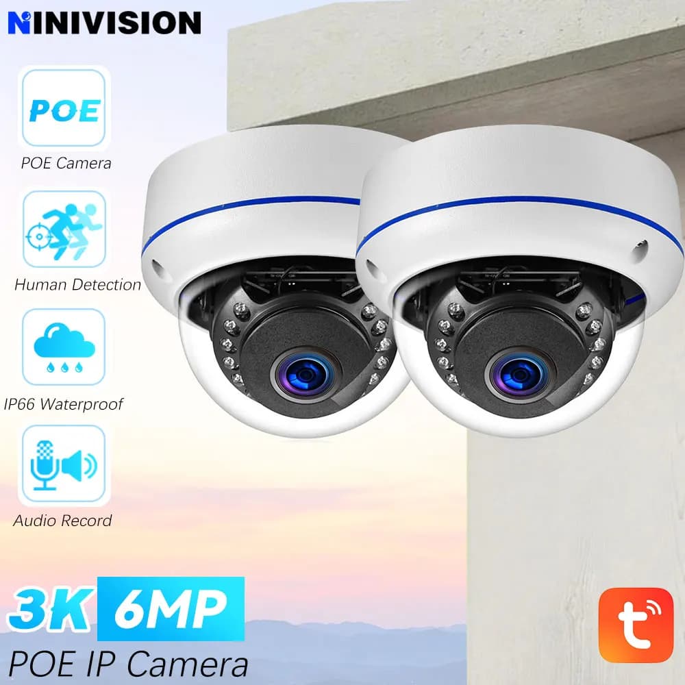 Telecamera IP POE Tuya Smartlife con Lente Fisheye 6MP, 3.6mm, 150 Gradi, Visione Notturna IR, Sorveglianza CCTV per Interni ed Esterni