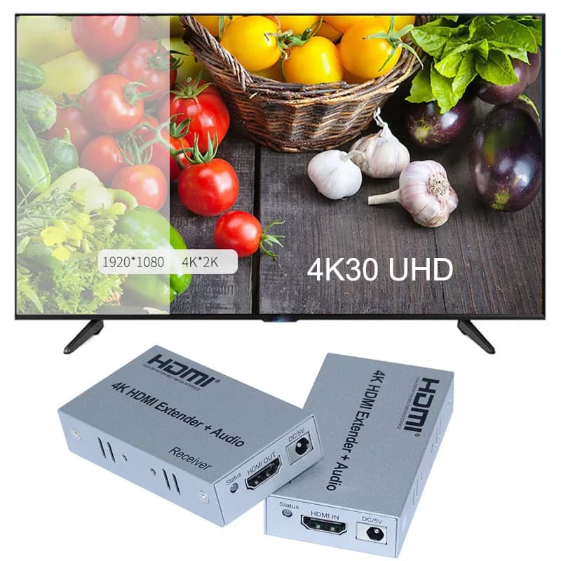 100 m HDMI 4K extender with transmitter kit and 3.5 mm audio converter receiver via CAT6 RJ45 Ethernet cable