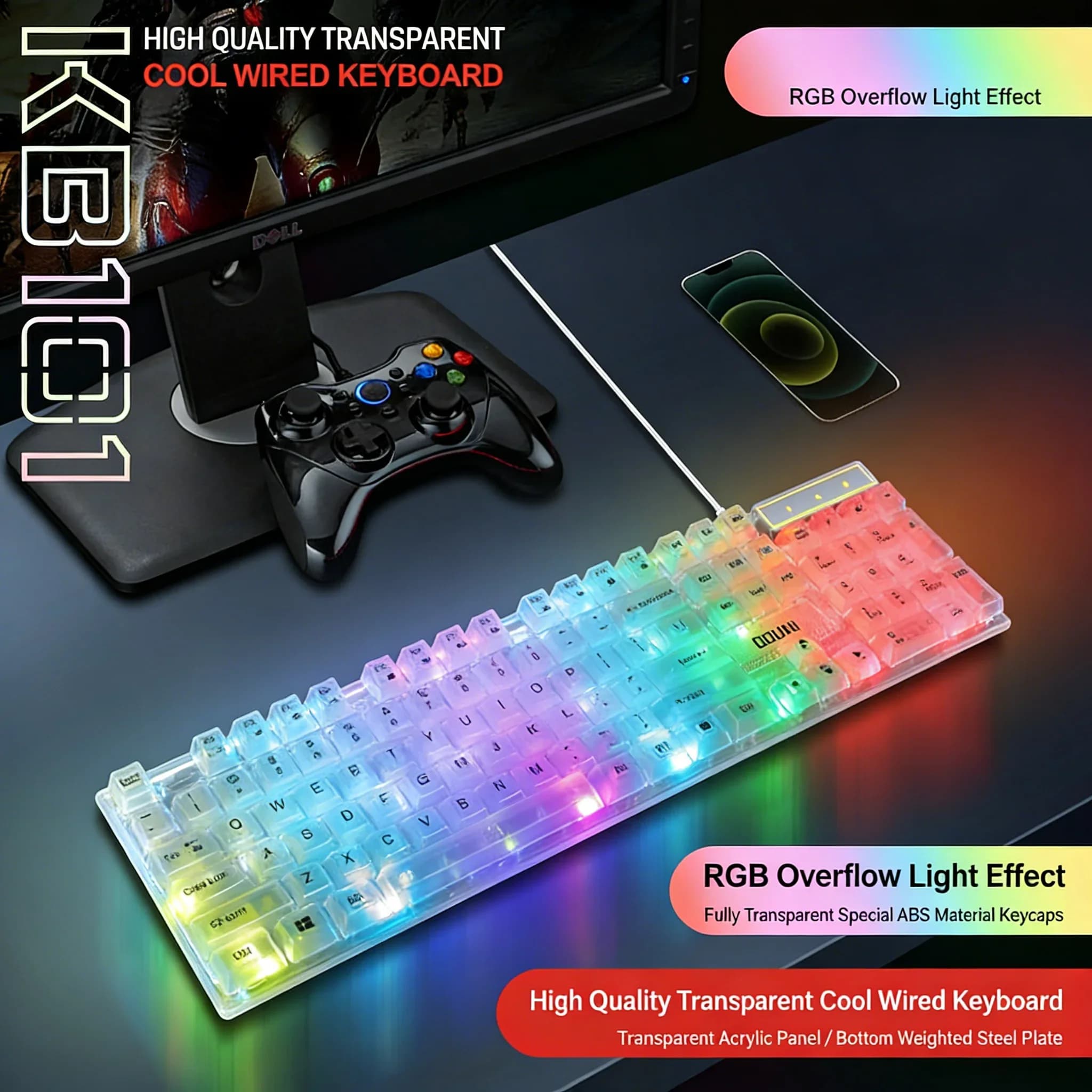 Transparent Gaming Keyboard USB Wired Colorful RGB Backlight Mechanical Feel Touch For Laptop PC