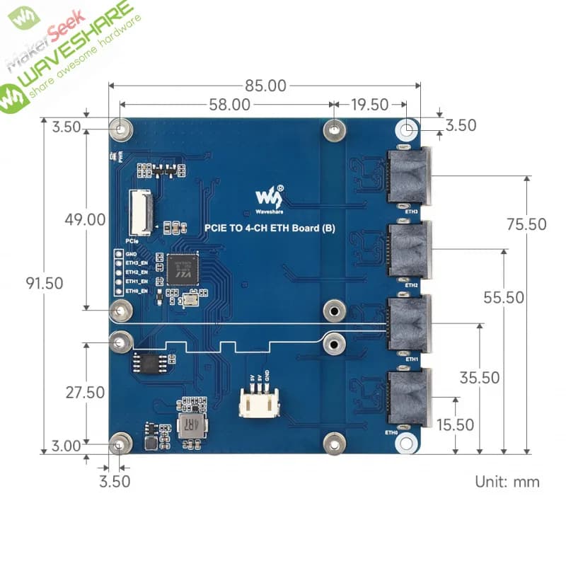 SKU-33365 4 channel PCIE card Gigabit ETH dashboard B Waveshare PCIe 4 channels 2.5G for rocket PI 5, supports Raspberry Pi-Fre operating system driver