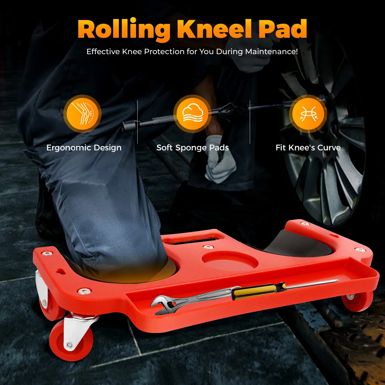 Wheel-grip with tool tray, mobile knee padded in sponge with 5 swivel wheels for laying garden tiles