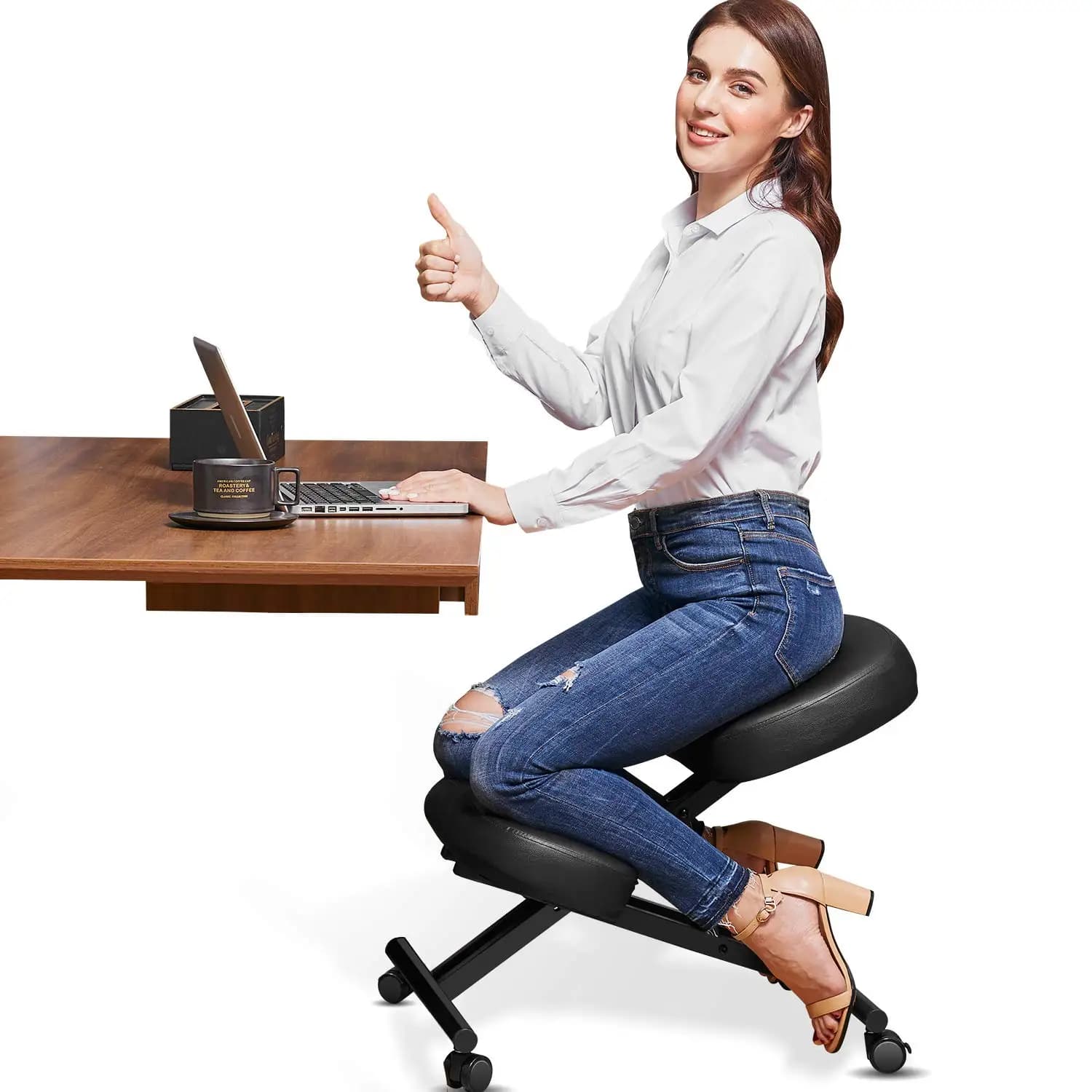 Sedia Ergonomica Inginocchiata per Ufficio - Ecopelle - Cuscini in Schiuma Modellata Spessi e Confortevoli - Ruote con Freno, Personalizzabile