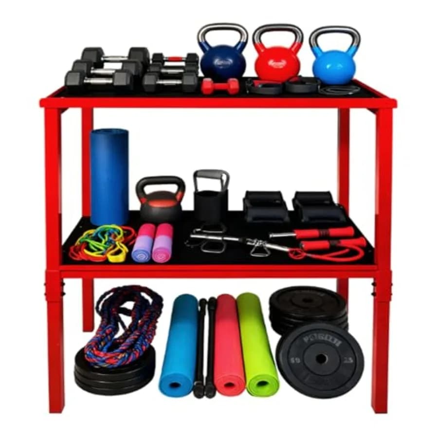 2-level fitness rack for heavy loads, 850 pounds, for handlebars, kettlebells and yoga, with 5-mm shockproof mat, without drilling, flooring