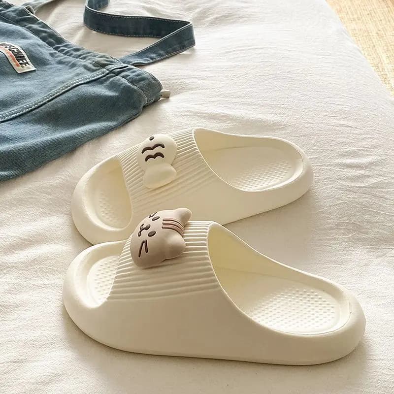 Ciabatte da casa da donna, comode e alla moda, con motivo gatto cartone animato che mangia pesce, in EVA, con fondo morbido e antiscivolo, nuove e fresche.