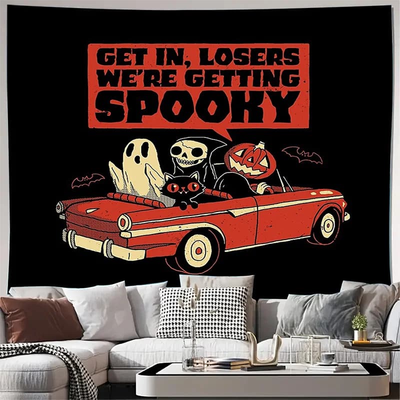 Spooky Halloween Tapestry Gothic Horror Van Decor Creepy Wall Hanging Paranormal Art Room Aesthetic Dark Academia Tapestry