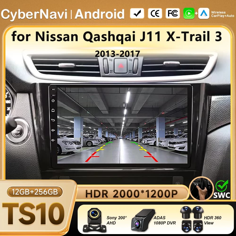 Autoradio Wireless CarPlay Android Auto per Nissan Qashqai J11 X-Trail 3 2013-2017, Navigazione GPS, Riproduzione Multimediale Video