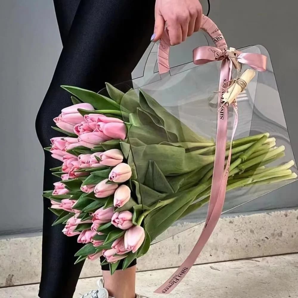 Set di 3 Sacchetti Trasparenti in PET per Bouquet di Fiori con Manico, Borsa Impermeabile per Confezionamento Fiori, Scatola Regalo Romantica Integrata