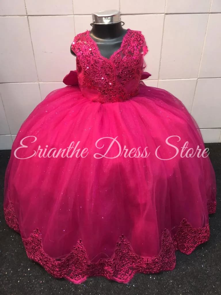 Abito da ragazza di fiore rosa rosa per applicazioni in tulle da sposa con fiocco Abiti da ballo per prima comunione per feste di compleanno per bambini personalizzati