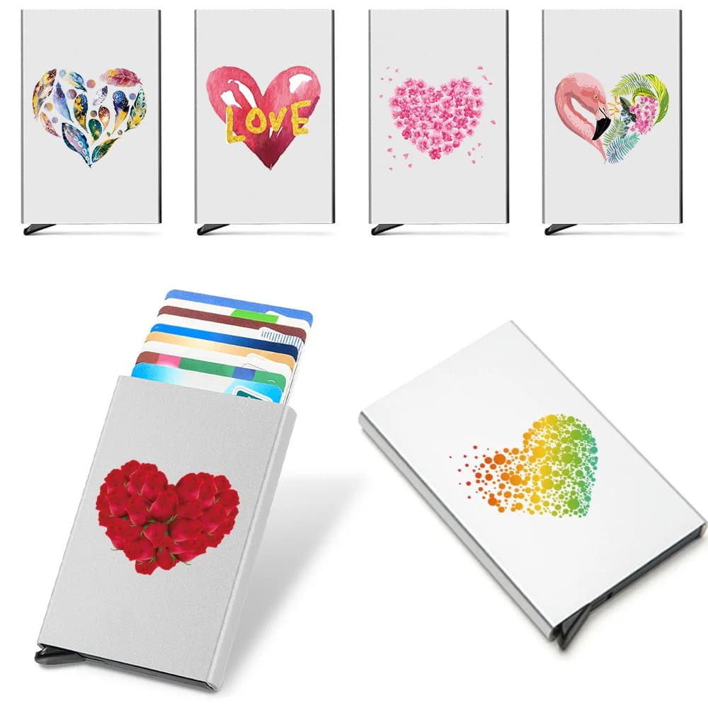 Porta carte da 1 pezzo Uomo Donna Blocco RFID Portafoglio sottile in metallo di alluminio Porta carte di credito anti-scansione Custodia sottile Portafoglio Love Print