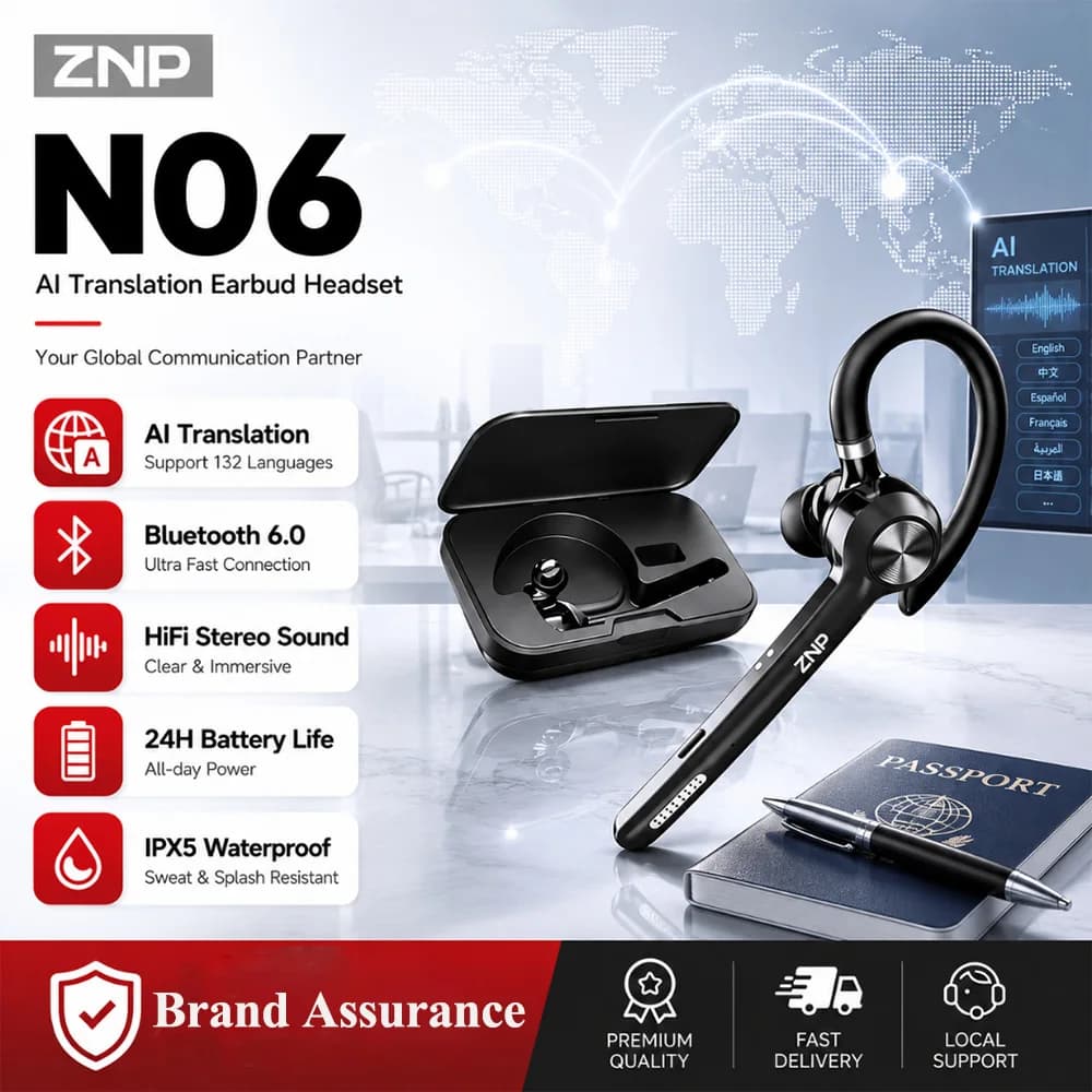 ZNP N06 AI Translator Earbuds Business Ear-hook Headset Bluetooth Earphones Long Battery Meeting Recording Summarize IPX5