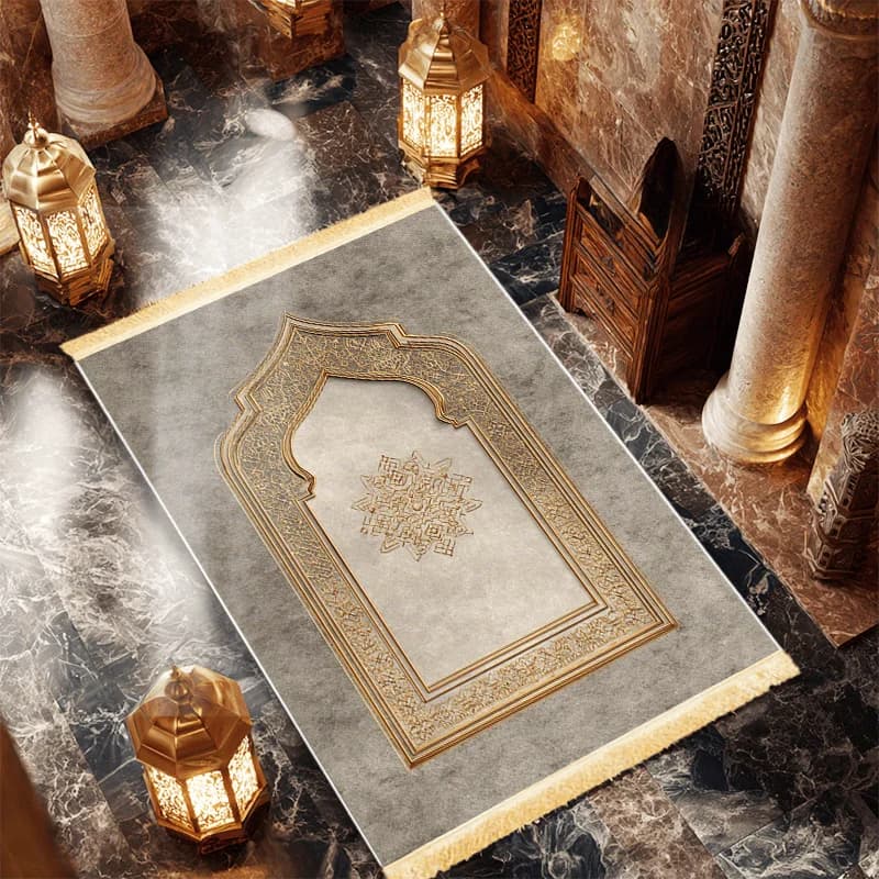 Tappetino da Preghiera Islamico VIKAMA in Mussola con Design Grigio e Oro, Nappine Gialle, per Rituali Religiosi