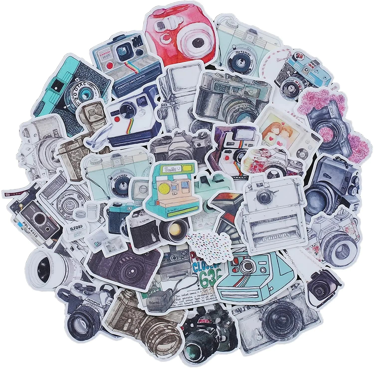 35pcs Cool Vintage Camera Sticker Pack for DIY Your Scrapbook, Journals, Planners / Cute Decals for Laptop, Water Bottle