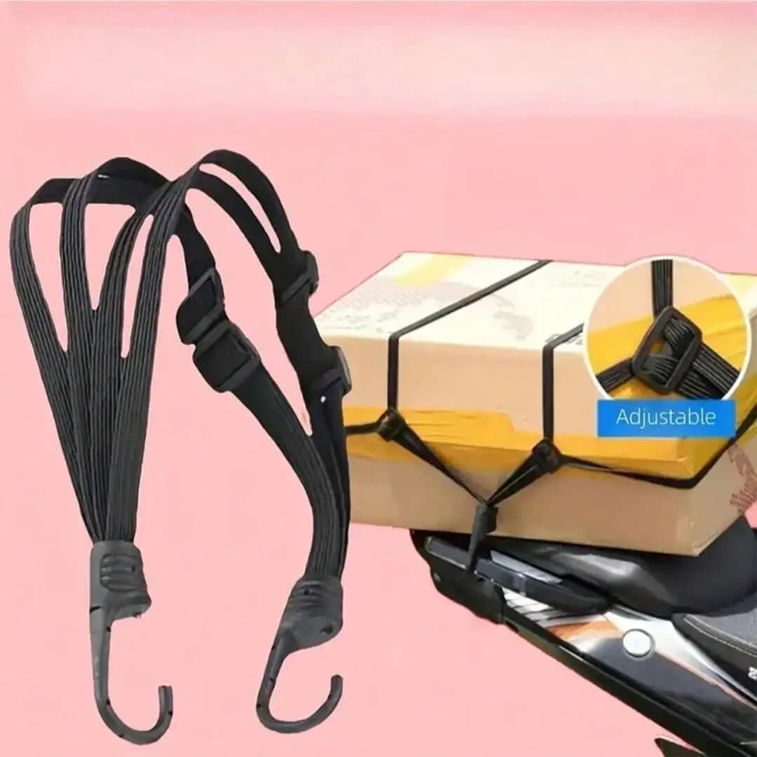 Corde elastiche quattro in uno realizzate con materiale in gomma resistente. Dotato di ganci resistenti per una fissaggio sicuro, il design estensibile si adatta a vari oggetti. Ideale per fissare in modo stabile caschi e bagagli su motociclette ed e-bike.