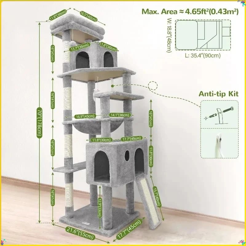 Torre per gatti da 70 pollici per gatti di grandi dimensioni, robusto condominio per gatti con tiragraffi in sisal, mobili per gatti grigio chiaro per gatti adulti di grandi dimensioni