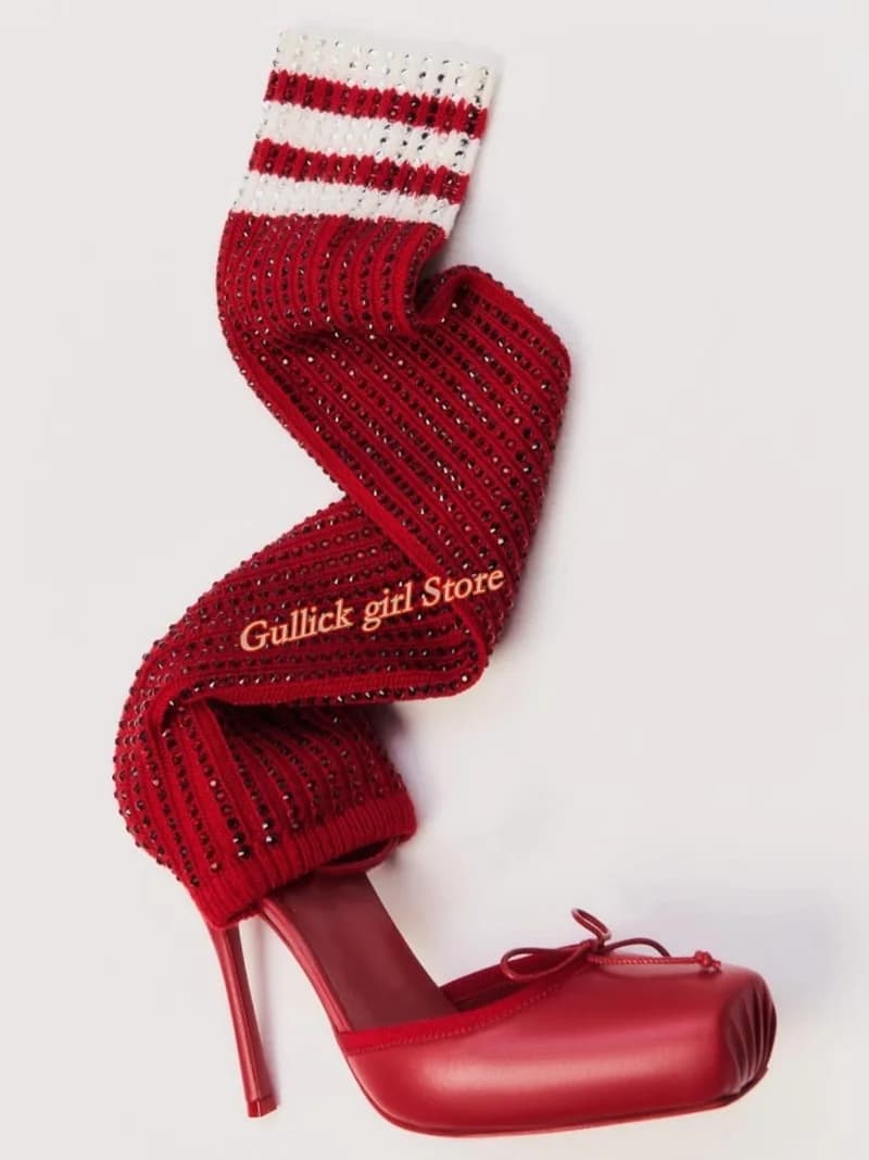 Red Knit Square Toe Boots Cut Out Stiletto Thin High Heel Elastic Fabric Runway 2026 Summer Women Boots Handmade Hot Sale Shoes