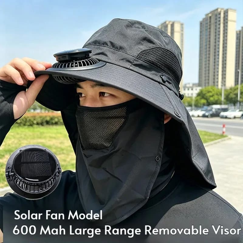 2026 New Solar Rechargeable Fan Hat with Face Cover Shawl UV Protection Sun Shading Cap 300mA Long Battery for Outdoor Fishing