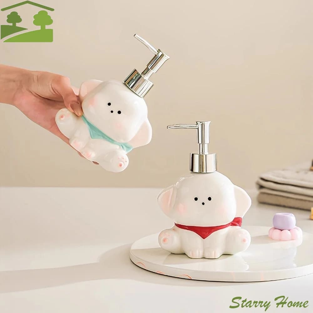 Dispenser di Sapone Liquido in Ceramica a Forma di Cane, Bottiglia Vuota per Gel Doccia, Flaconi Separati, Simpatico Dispenser a Pressione per Shampoo, per Cucina
