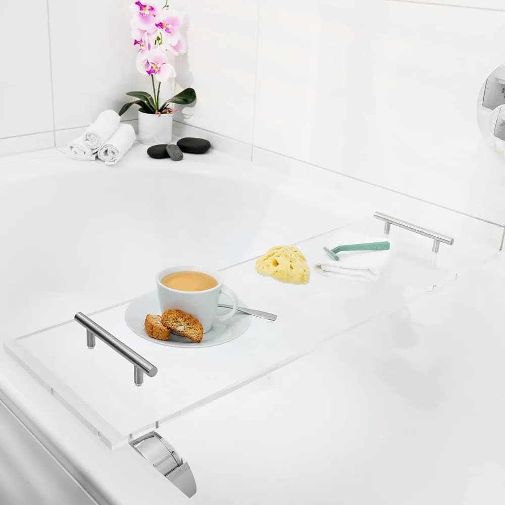 Vassoio portaoggetti per vasca da bagno in acrilico - Scaffale da bagno da 28,7" per bicchieri da vino, libri, telefoni e tablet con manici - Accessori da bagno rilassanti