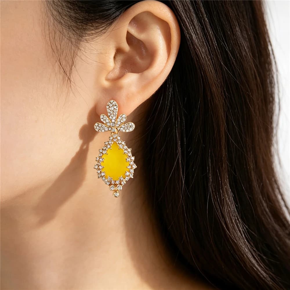 Vintage Statement Yellow Orange Emerald Green Teardrop Earrings Women Indian Ethnic Crystal Rhinestones Earrings Baroque Jewelry