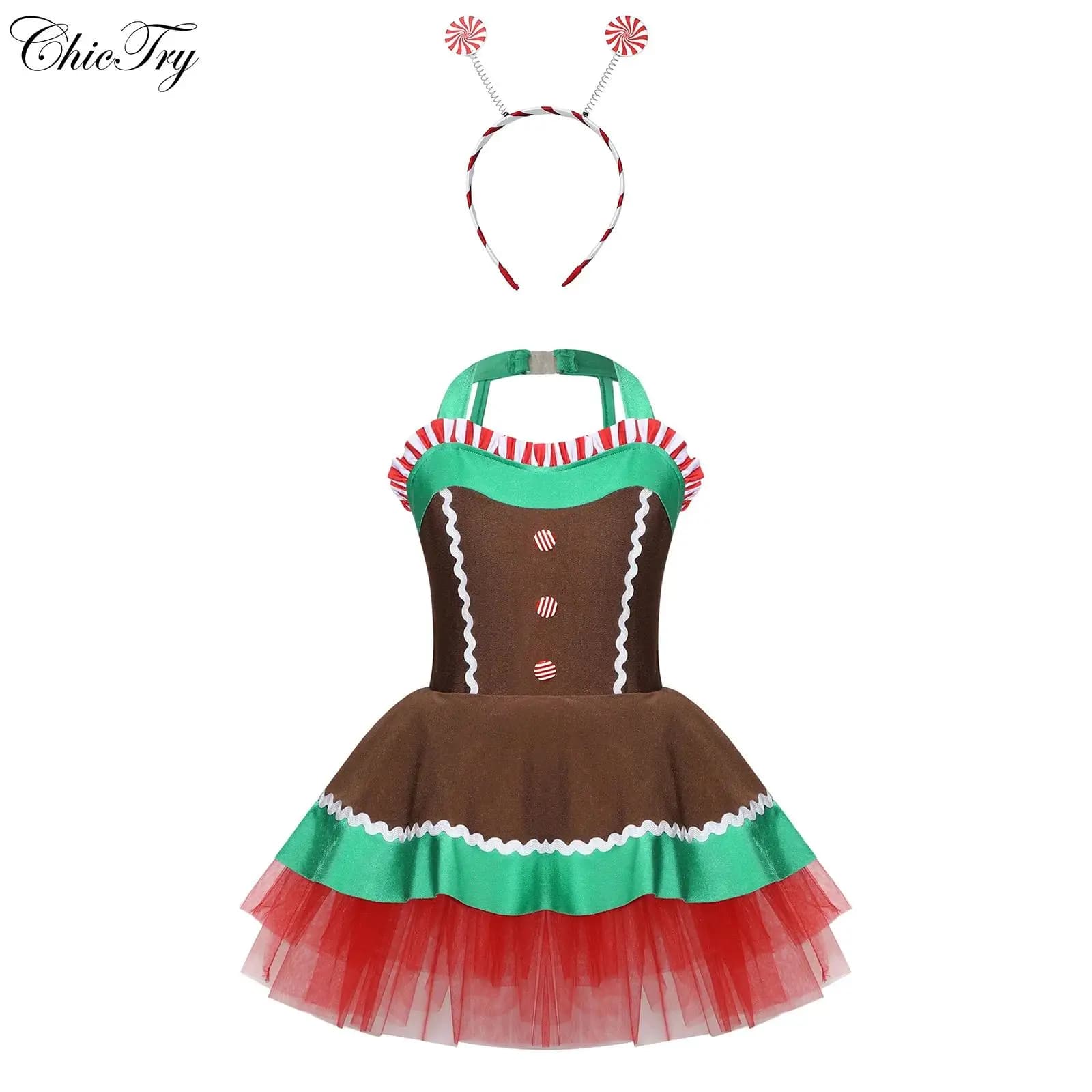 Costume da uomo di pan di zenzero con bastoncino di zucchero natalizio per bambina, senza maniche, con apertura sul retro, body con fascia per capelli, cerchio per capelli