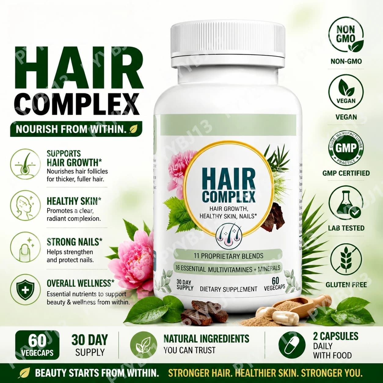 Hair Skin Nails Beauty Support Supplement, Biotin with Vitamins Minerals Herbal Blend, Vegan Capsules, Daily Wellness, 60 Count