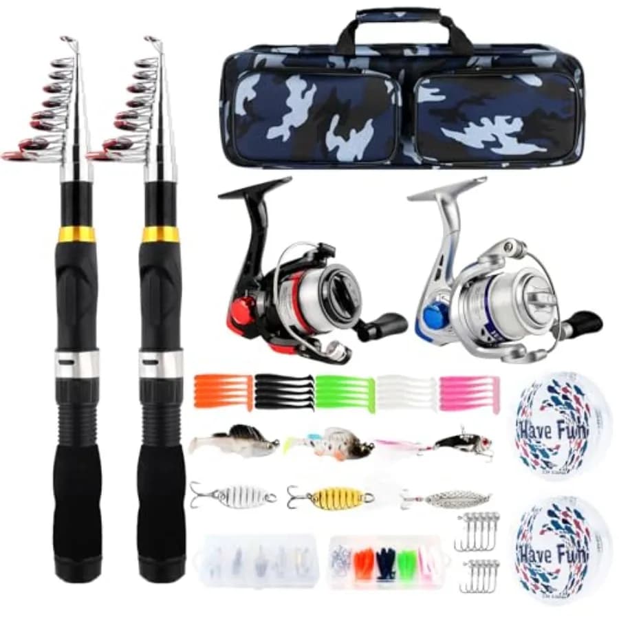 Set di 2 Canne da Pesca Telescopiche con Mulinello, 6.89FT, Kit Canna Pieghevole, Scatola per Esche e Accessori, Leggero