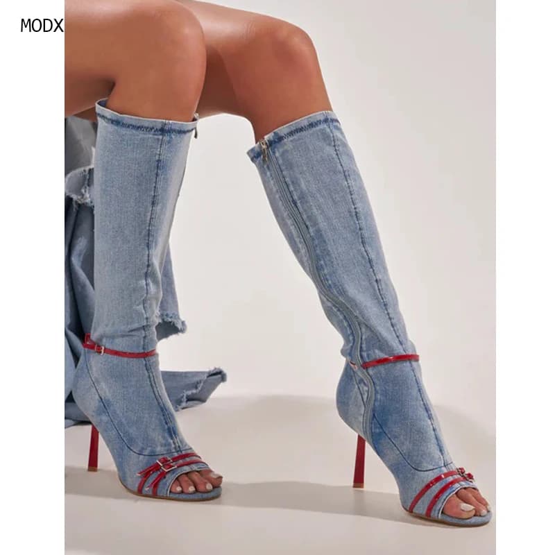 Women's Boot Sandals Denim 2026 with Belt, Open Toe, Upper Heel, Zipper, Fashion, New, Luxury, Sexy, Women's Shoes Last Collection, Super High, Size 44