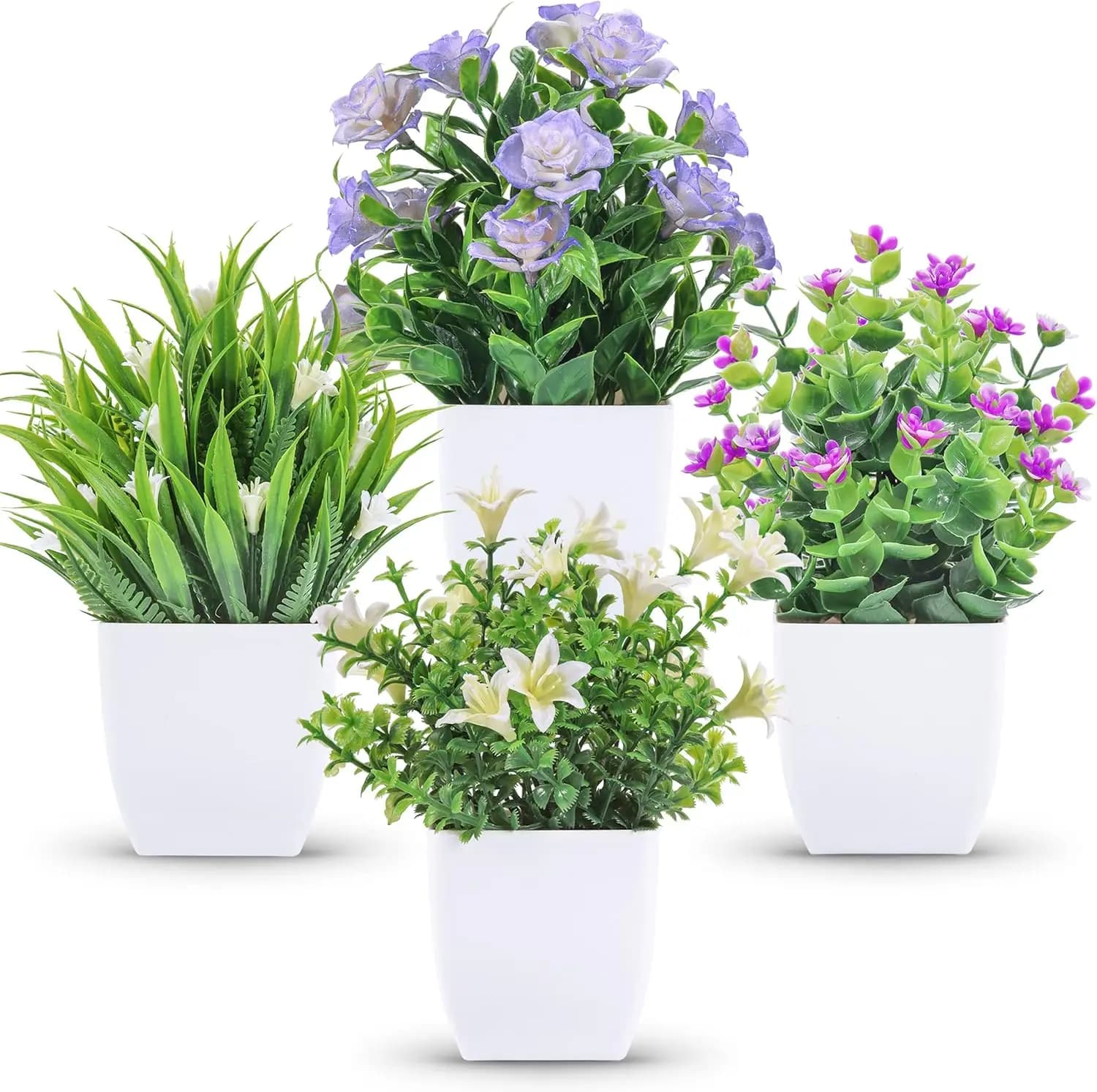 Set di 4 Piccole Piante Finte, Mini Piante Artificiali con Fiori per Decorazioni Primaverili, per Casa, Stanza, Fattoria, Scrivania