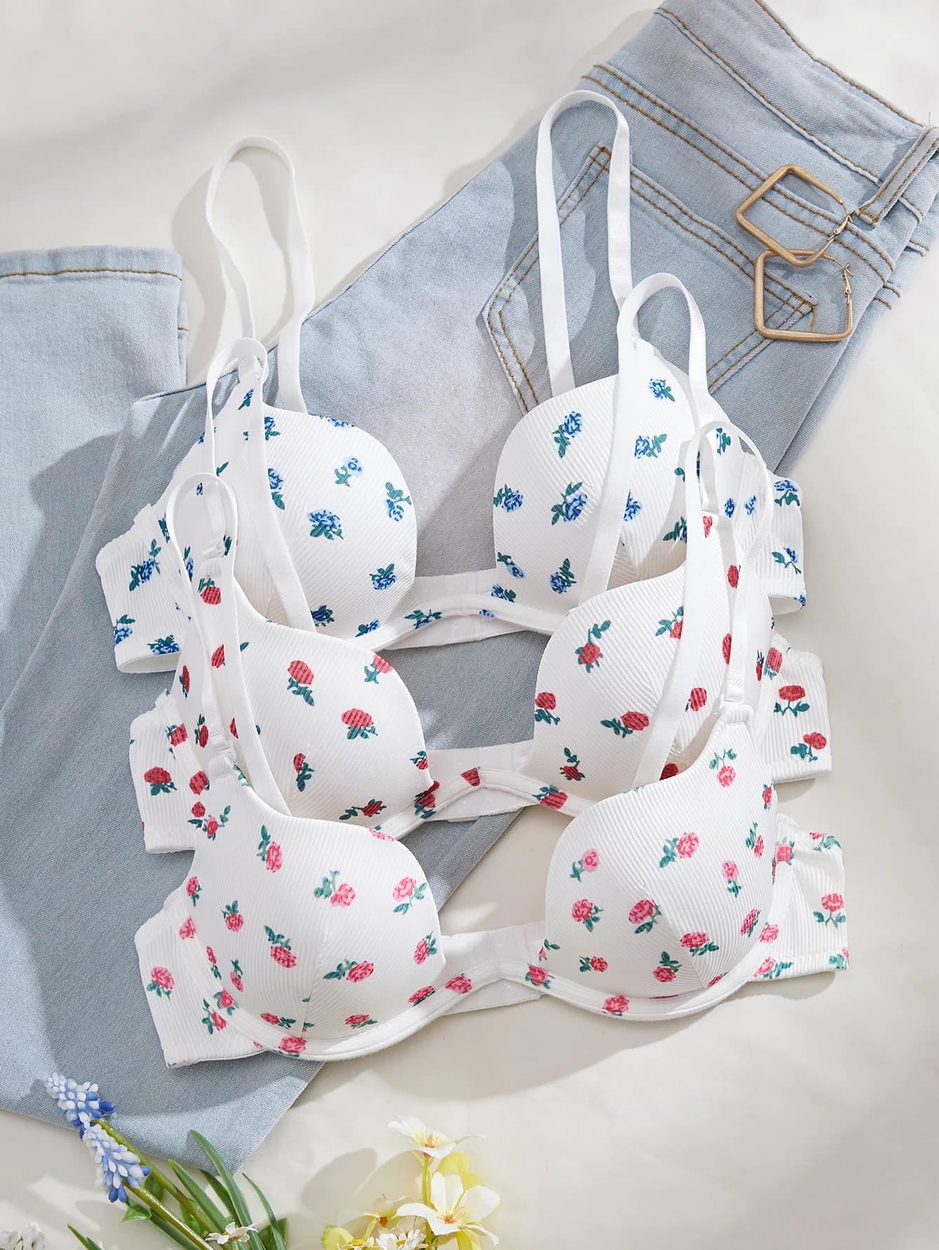 3PCS Women's Floral Print Push-up Bra Ribbed Fabric Underwire Bra with Adjustable Straps Cute Sweet Daily Lingerie