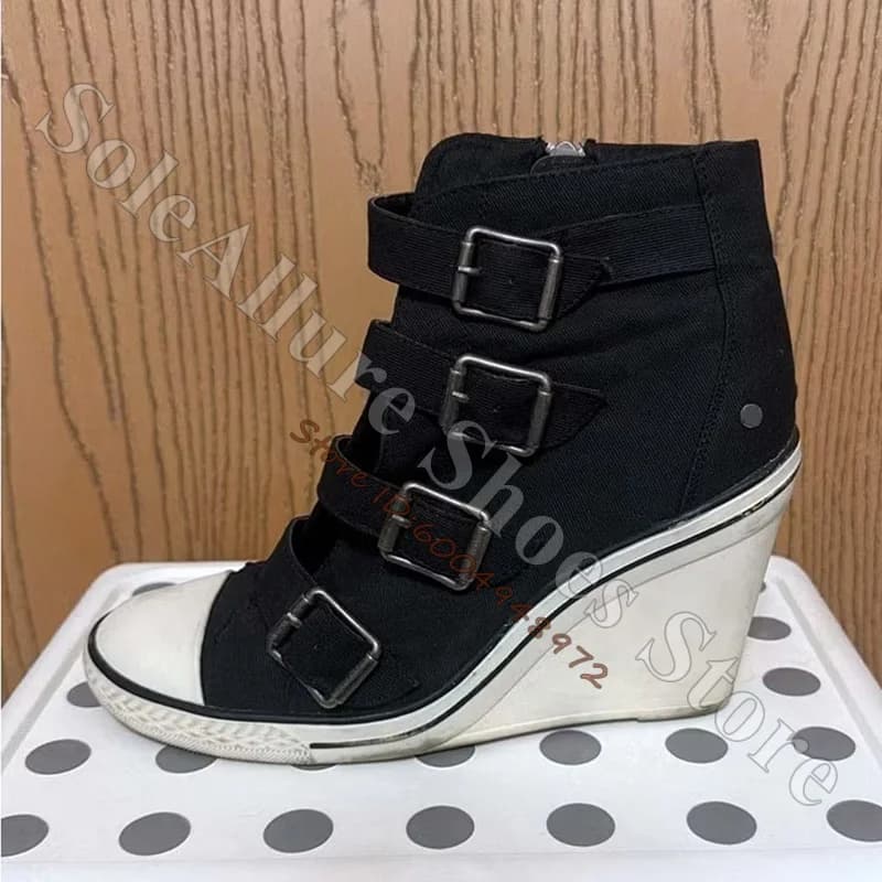 Grey Multi Buckle High Top Wedge Sneakers Vintage Off‑White Toe Cap Hidden Wedge Heel Retro Street Daily Casual Walking Shoes