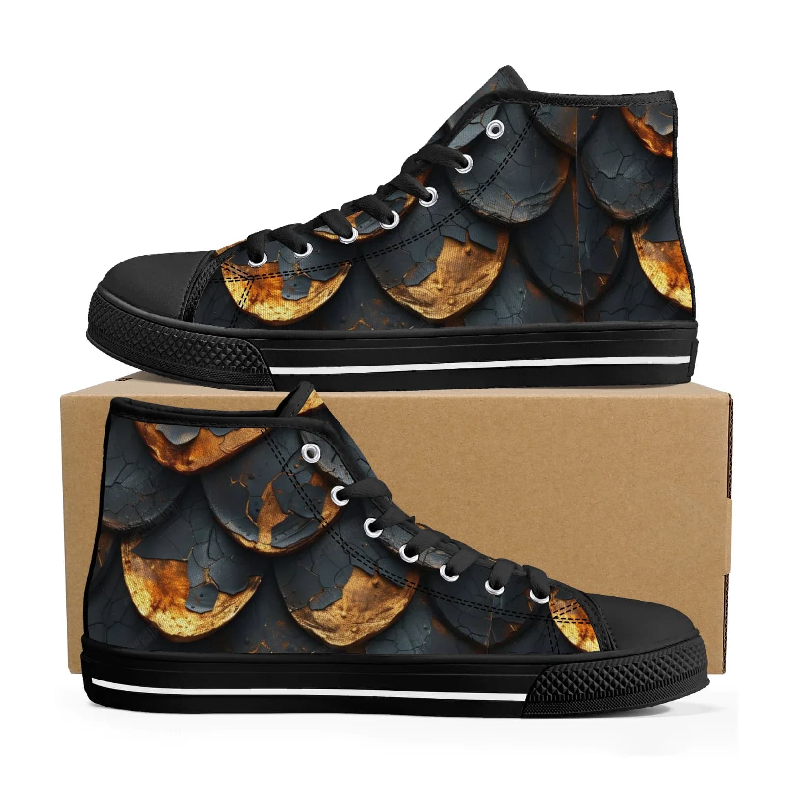 Scarpe classiche alte in tela con stampa squame rotte, sneakers casual vulcanizzate da uomo e da donna