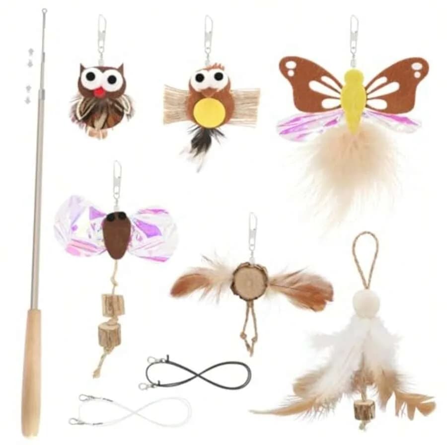 【Nuovo Arrivo】Set di Giocattoli Interattivi per Gatti con Bacchetta Retrattile, 6 Piume e Accessori di Ricambio con Manico in Legno